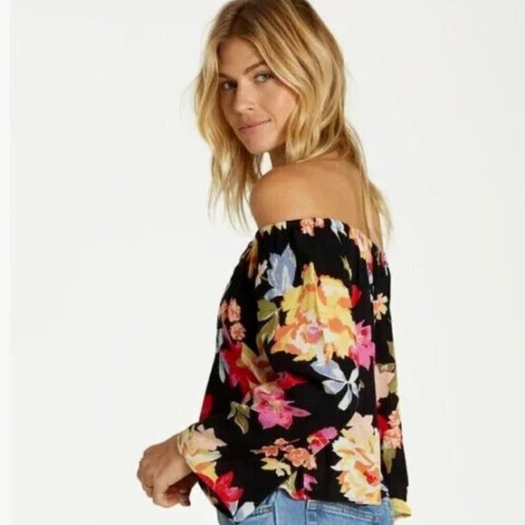 Billabong Light It Up Black On Or Off The Shoulder Floral Cropped Top Size S - Picture 3 of 10